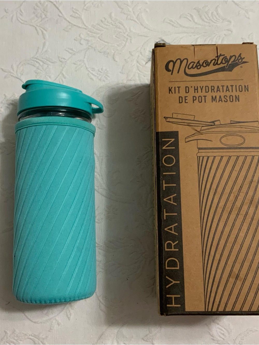 Masontops Turquoise Mason Jar Water Bottle with Silicone Sleeve and Flip-Top Lid